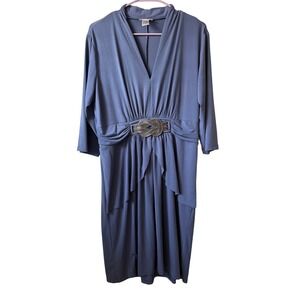 T MILANO Women's Blue V Neck Ruched Embellished Dress Size 14W